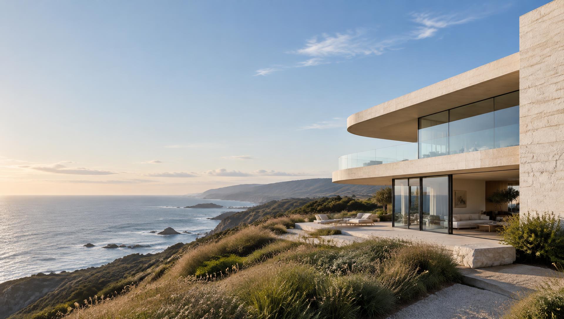 AI-generated concept of a sculptural coastal residence overlooking the ocean